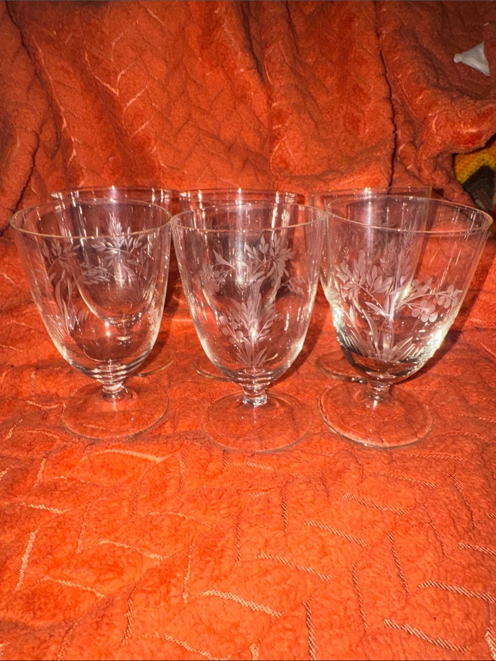 Stunning Set of 6 Vintage Etched Crystal Floral & Berry Stemmed Water / Wine Gob